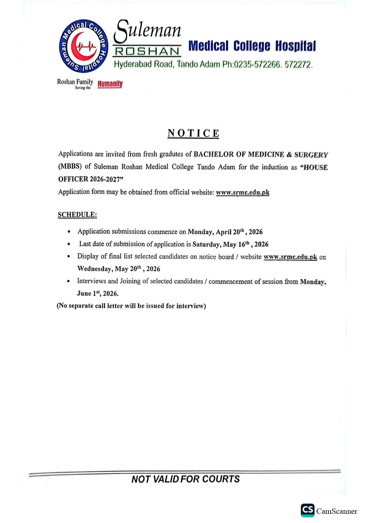 MBBS House Job Advertisement 2026–27